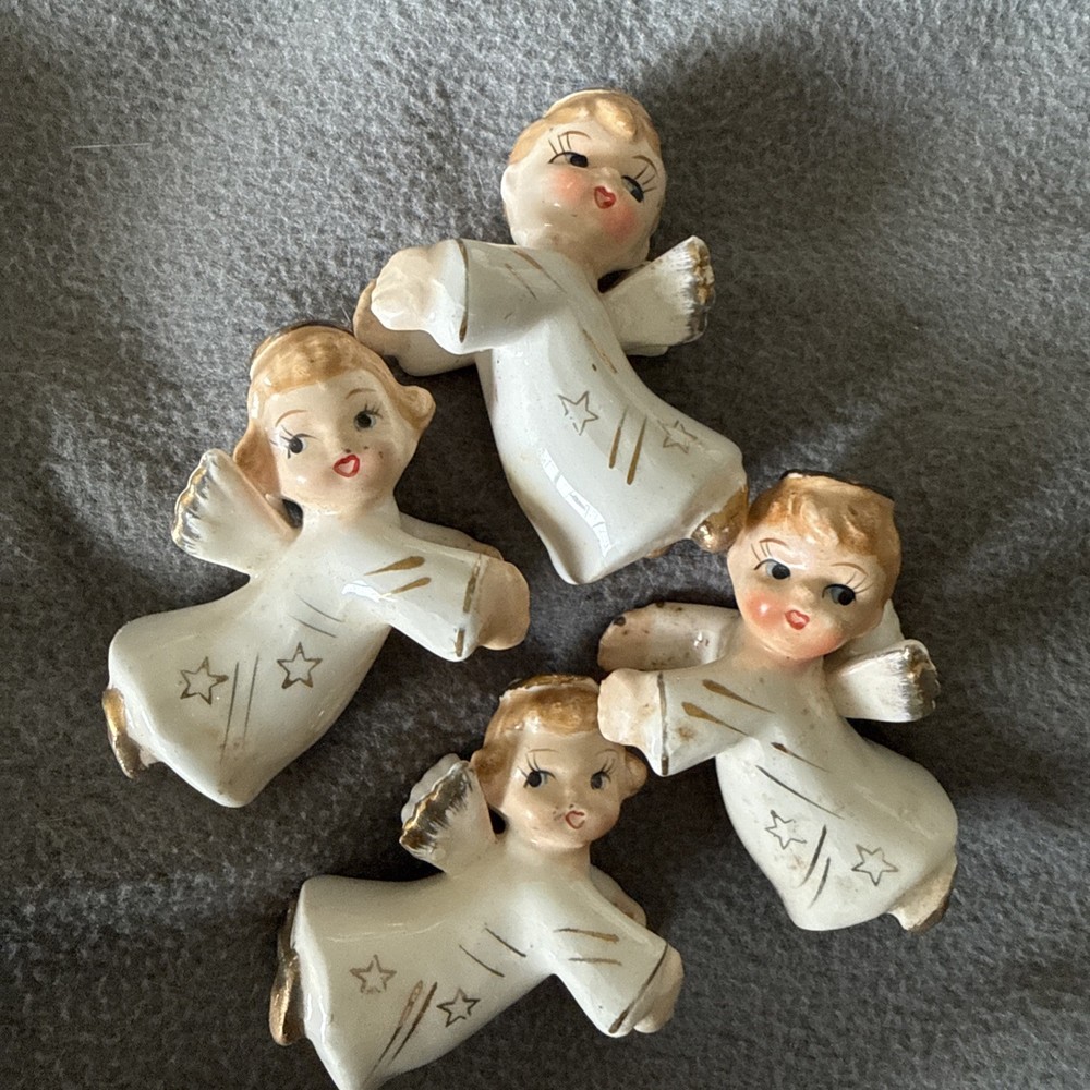 Vtg Christmas Candle Huggers Climber Angels Figurines Gold Accent Japan Set Of 4-image