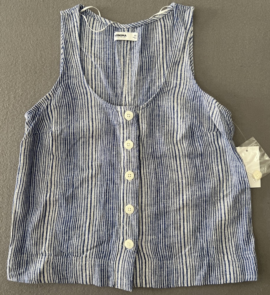 Misses Sonoma Women’s Blue & White pinstripe XS Tank Top Button up V-Neck NWT