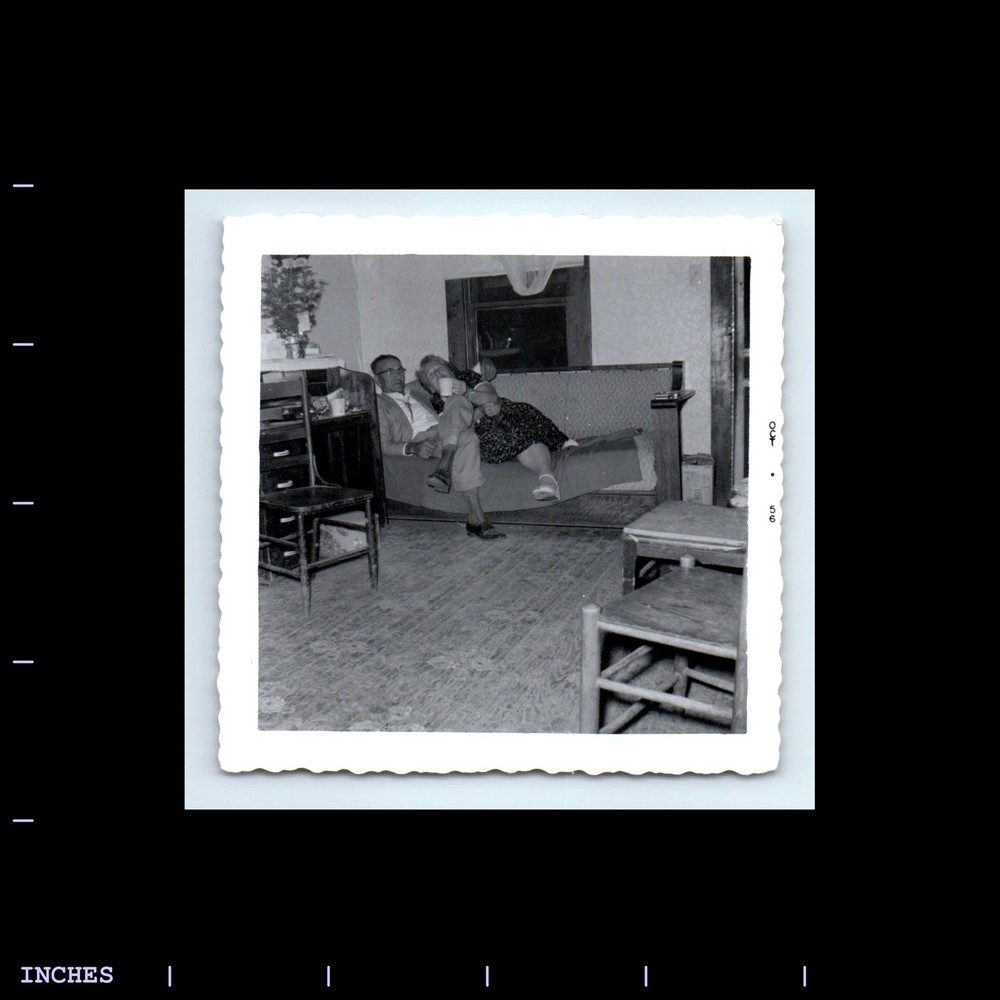 Old Square Photo AFFECTIONATE MAN WOMAN COUPLE ON COUCH 1956