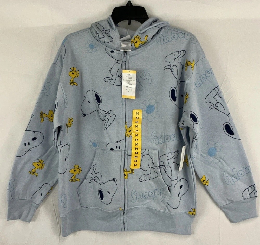 NWT Women’s Medium Peanuts Snoopy Woodstock Blue Embroidered Hoodie Sweatshirt