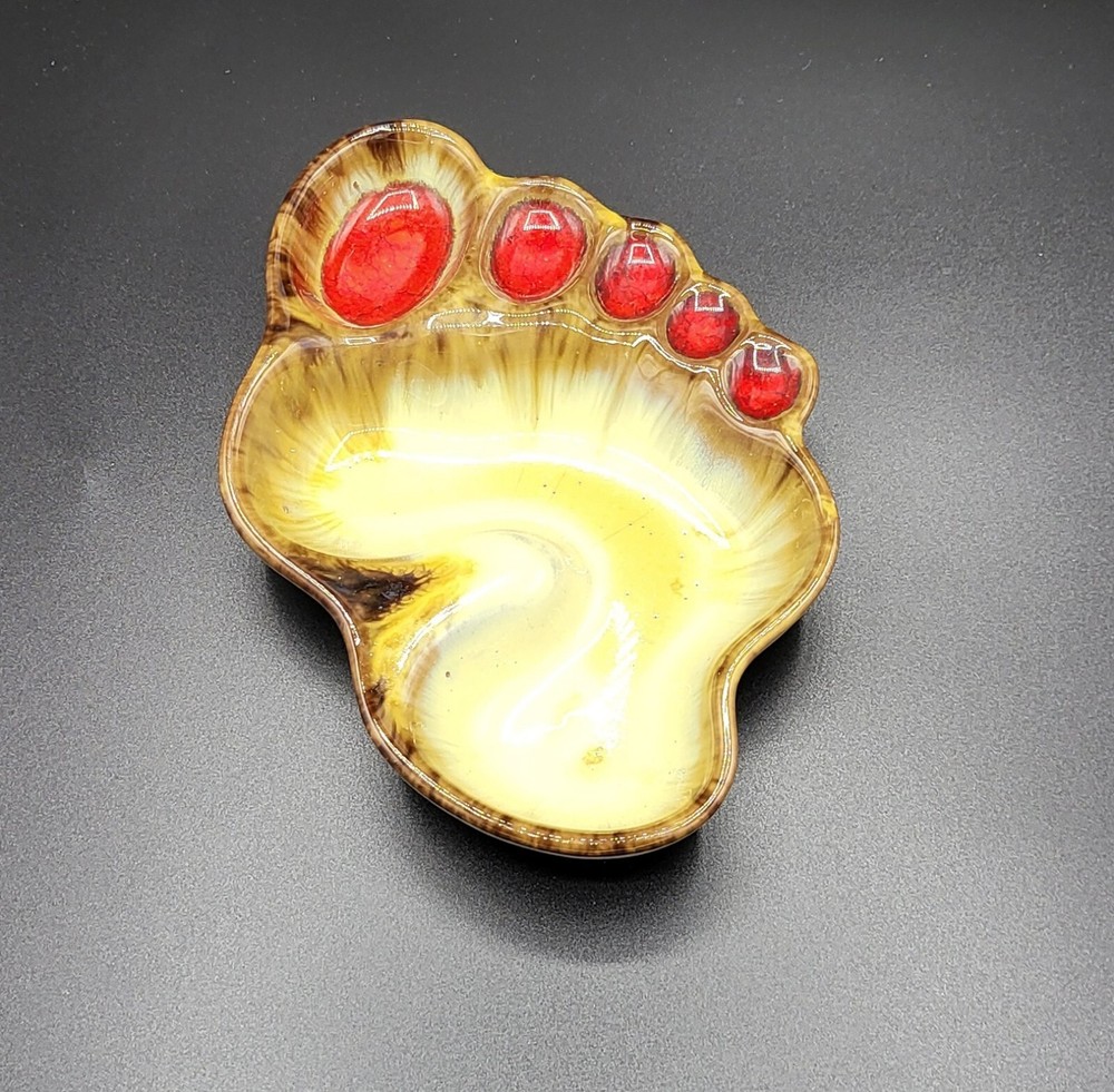 Mid-Century Abstract Sculpted Foot Pottery Dish Tray Drip Glaze
