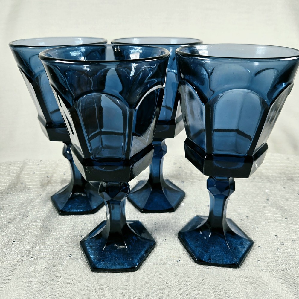 Set of (4) Vintage Fostoria Virginia Dark Blue Wine/Water Goblets - 7.25