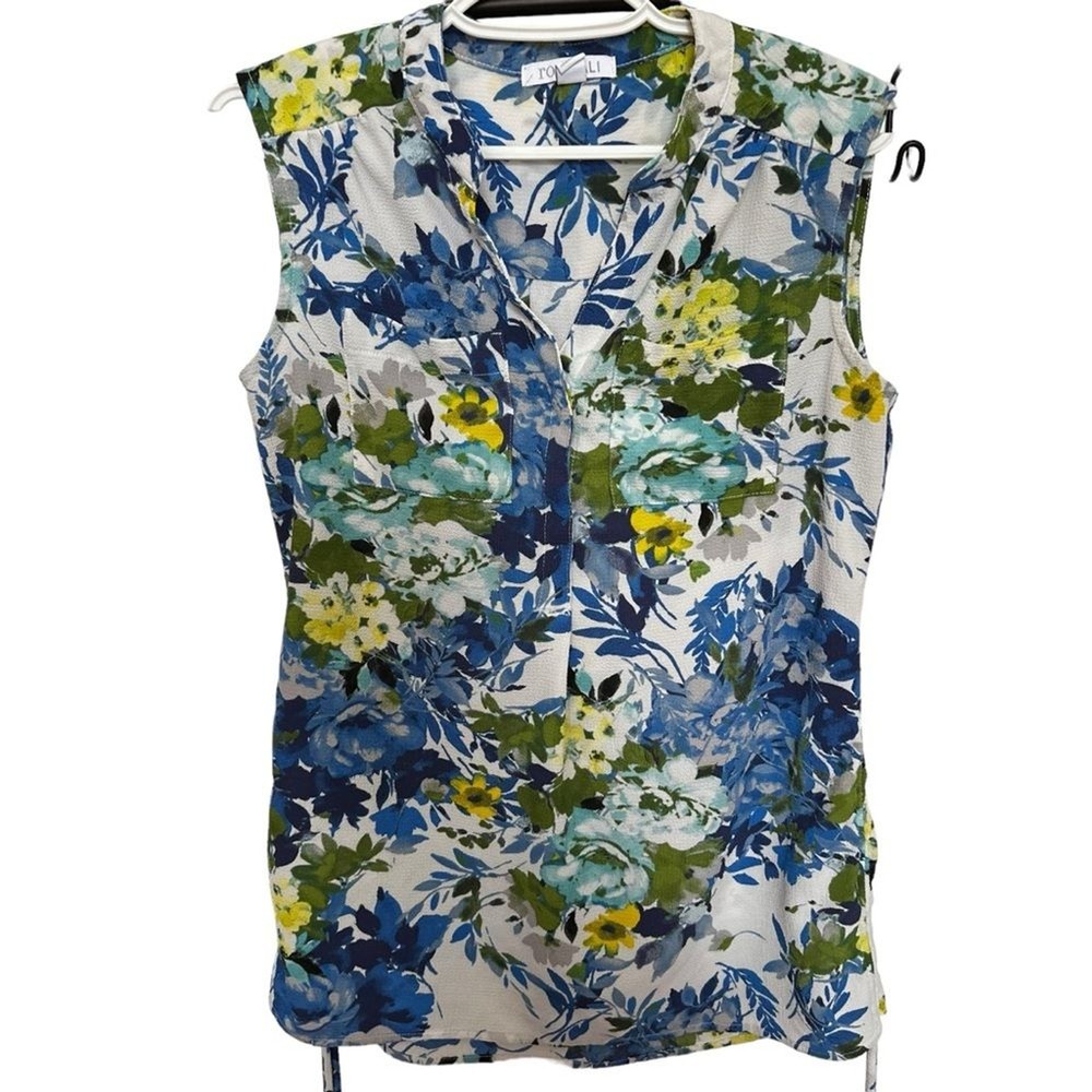 Roz & Ali Floral Blouse Tank Top Women’s XS Sleeveless V neck Stretch Fairy