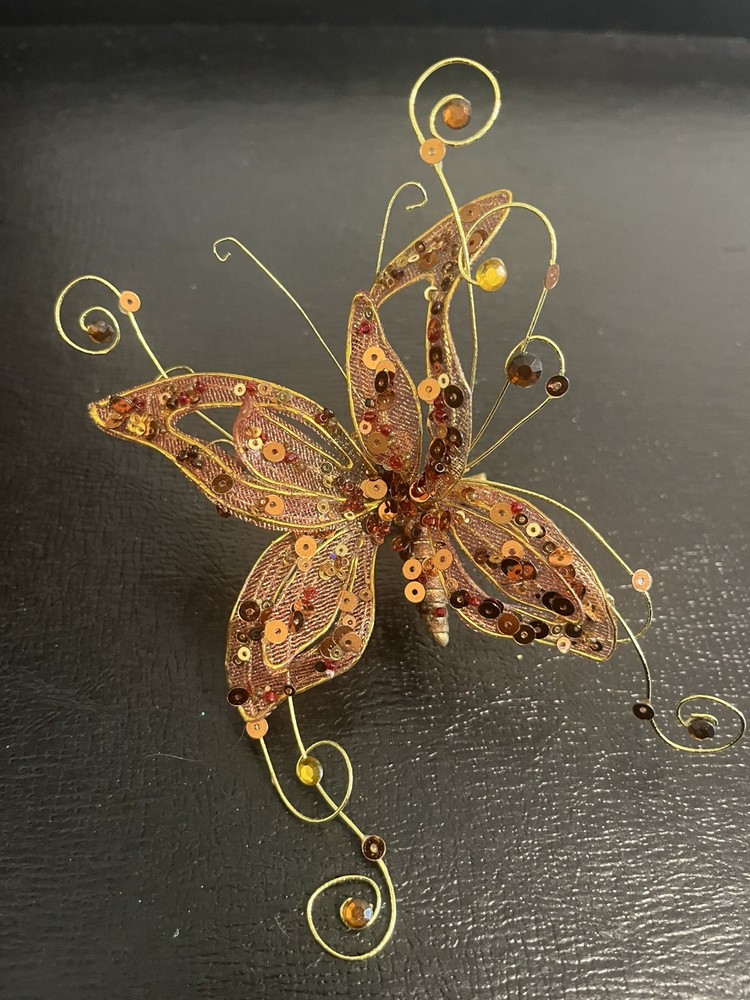Wired Gold Sequin Butterfly Clip On Christmas Ornaments