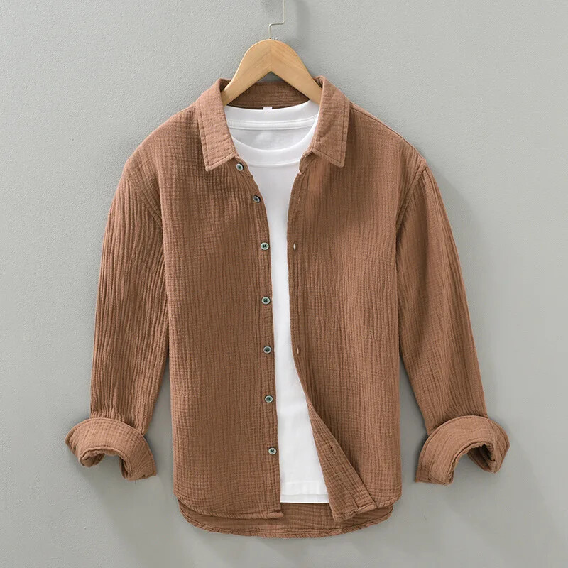 Spring Men Casual Crinkled Double Gauze Long Sleeve ShirtCotton Yarn Soft