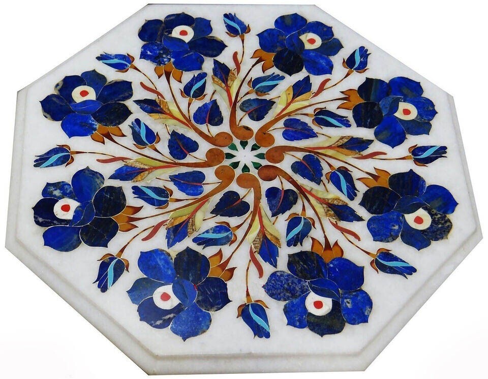 18-Inch White Marble Octagon Coffee Table with Lapis Stone Floral Mosaic Design