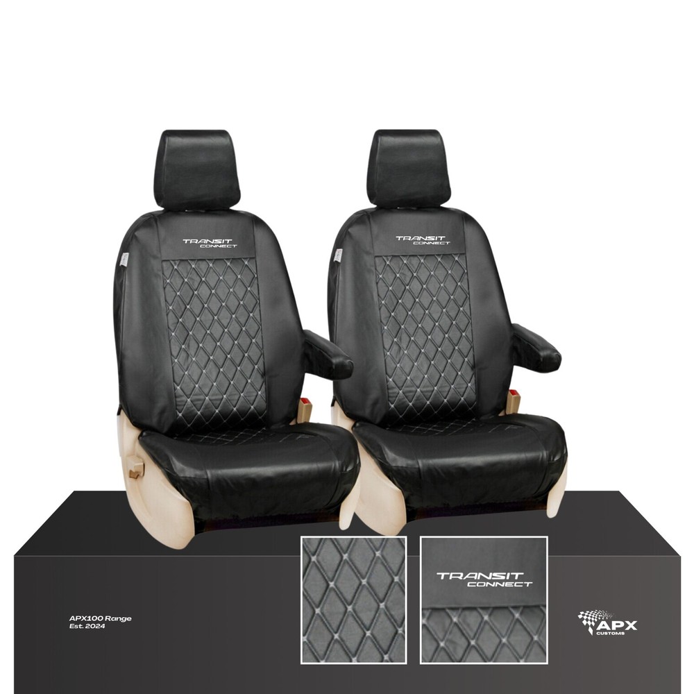 TO FIT FORD TRANSIT CONNECT - PREMIUM QUILTED FRONT LEATHER SEAT COVERS BLK 1+1