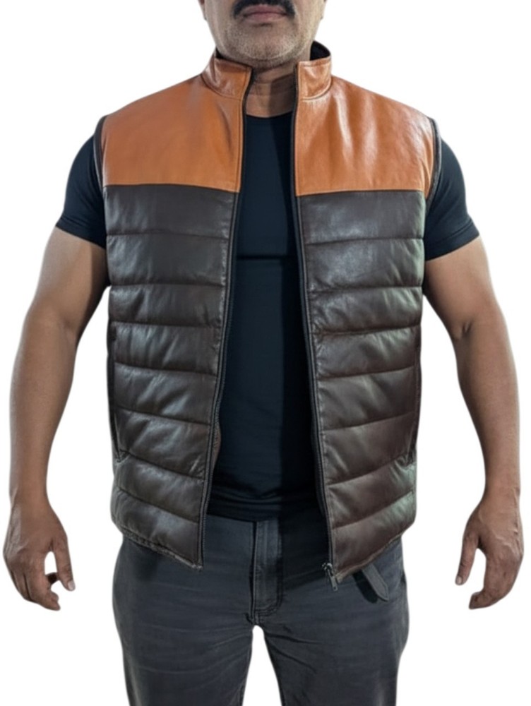 Men's Real Leather Quilted Puffer Vest distress Tan and Brown Color - Free ship