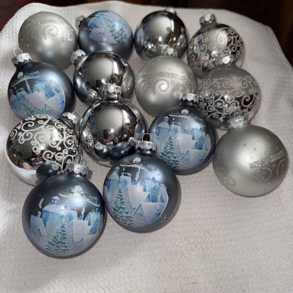 Lot of 14 VTG Rauch 2.5” Silver & Blue Mercury  Ball Ornament Stencil Glitter