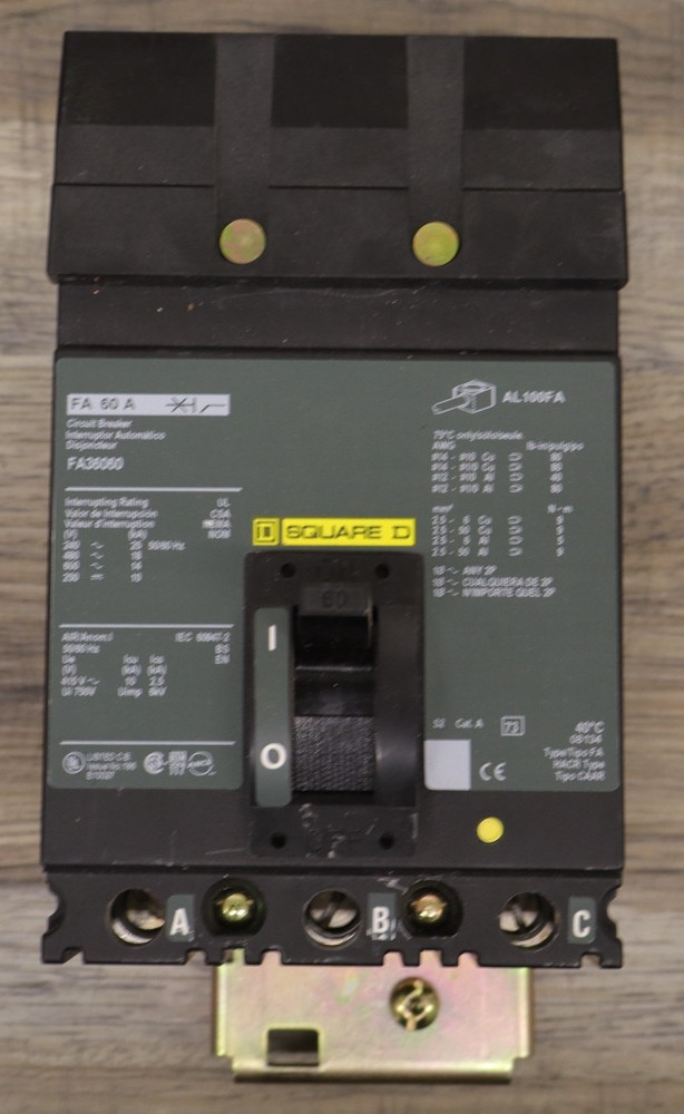 Square D FA36060 Thermal-Magnetic Circuit Breaker 60A 3-Pole 600VAC