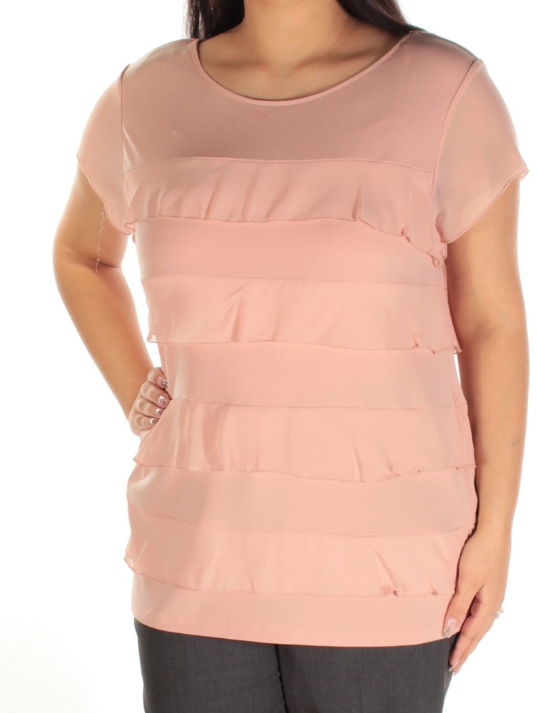 CHARTER CLUB Womens Pink Ruffled Short Sleeve Jewel Neck Top Size: L