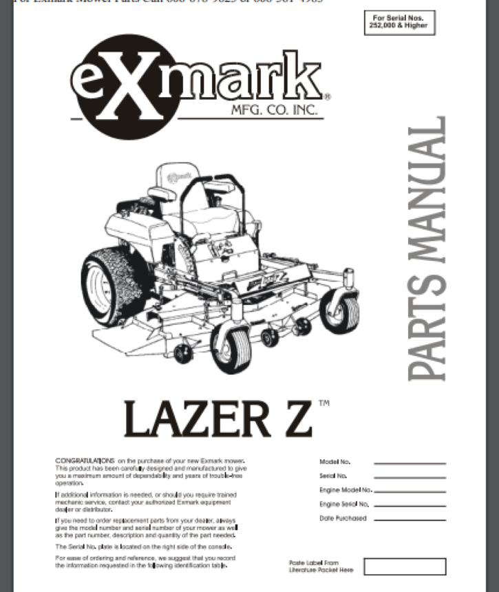 Exmark Lazer Z Mower Parts Manual 36 For Serial #'s  252,000 & Higher