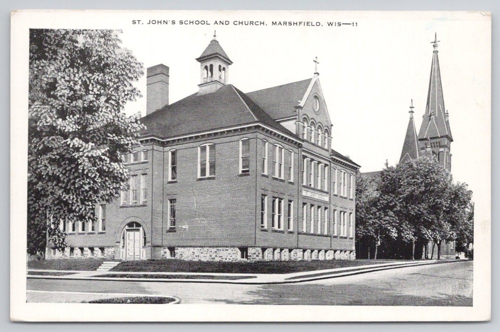 St. John's School & Church Marshfield Wisconsin WI Vintage Postcard E.C. Kropp