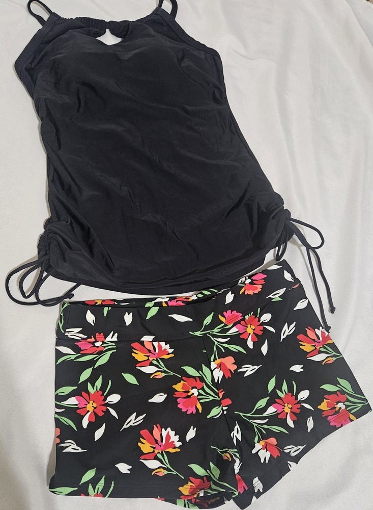 Women's two piece swim set black tank top and black shorts with flowers Size S