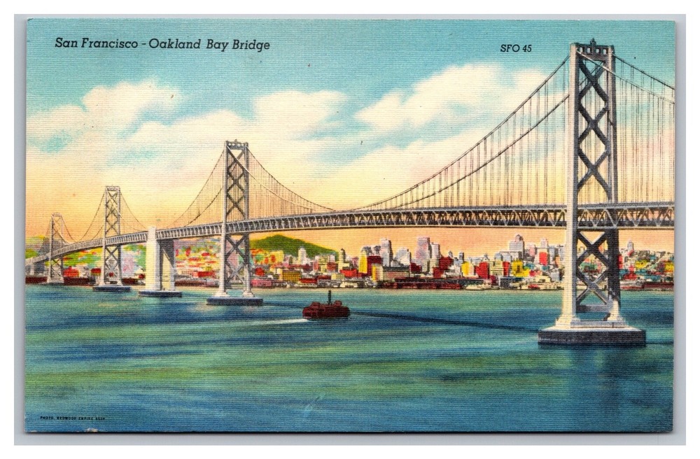 San Francisco CA Oakland Bay Bridge SFO 45 Linen Postcard
