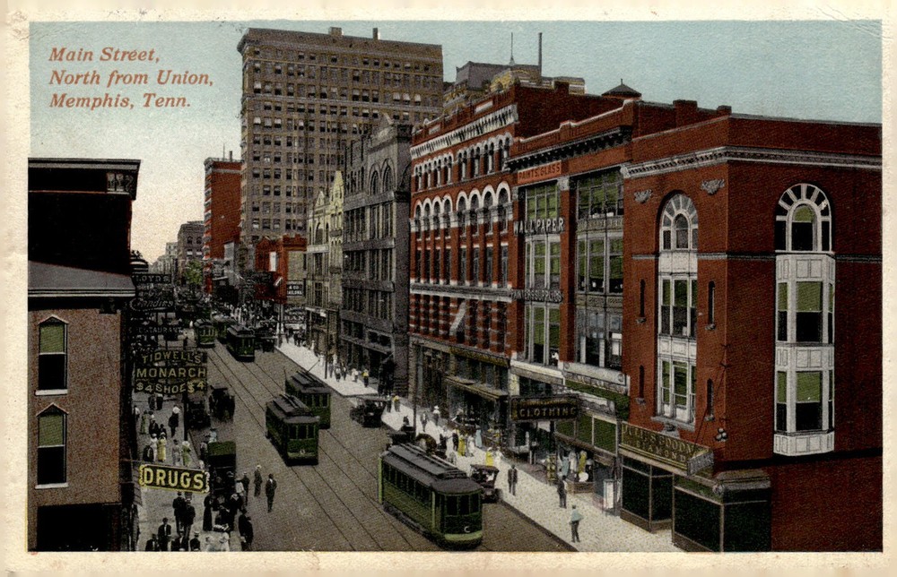 1916 Main Street North from Union Memphis Tennessee Litho Postcard Streetcars