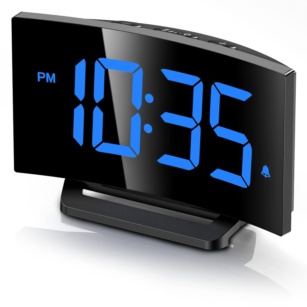 Digital Alarm Clock for Bedrooms with Modern Curved Design, Conspicuous Blue ...