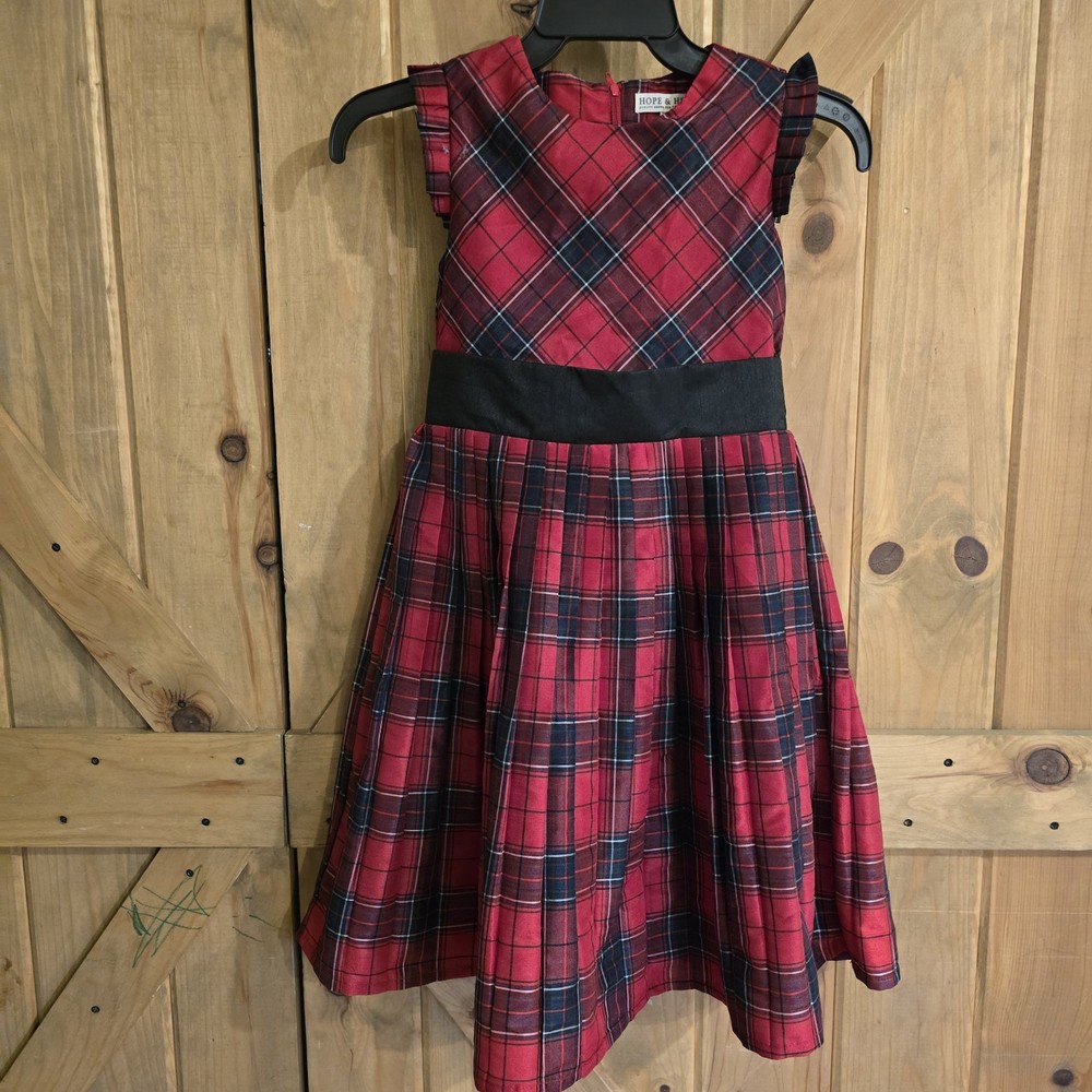 HOPE & HENRY Red Plaid Girls Dress Size 8 Pleated Holiday Taffeta w/ back bow