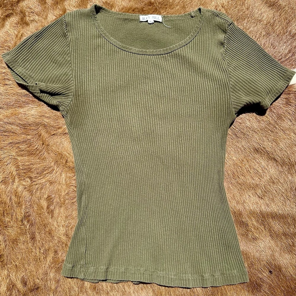 Women’s Alex Mill Ribbed Olive Green Short Sleeve Top Shirt S Cotton Stretch
