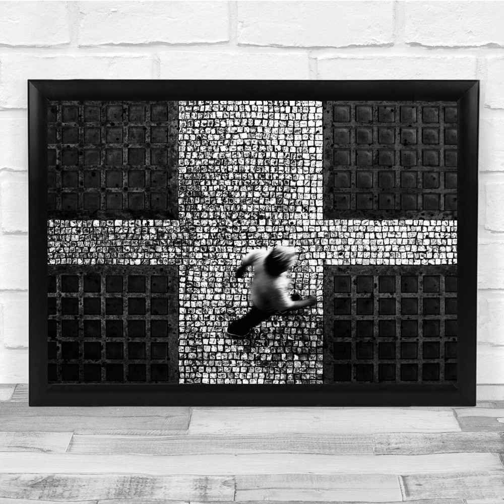 Cross Black & White Aerial Walking Street Person Wall Art Print
