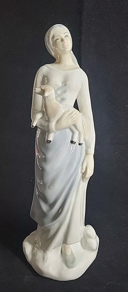 Porcelain Shepherd Girl Holding a Lamb  12 In Tall Made In Spain