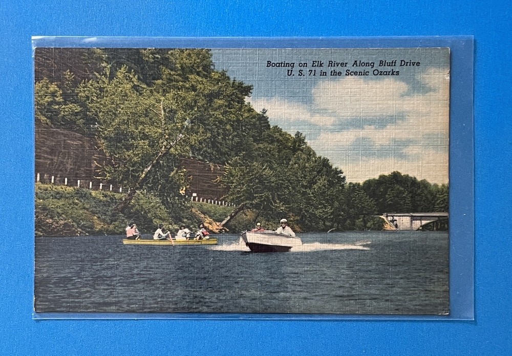 Boating on Elk River Along Bluff Drive Ozarks near Noel Missouri Linen Postcard