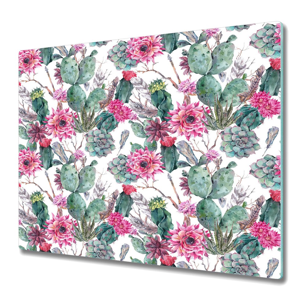 Glass Surface Protector Worktop Saver Tropical Cactus with pink flowers 60x52