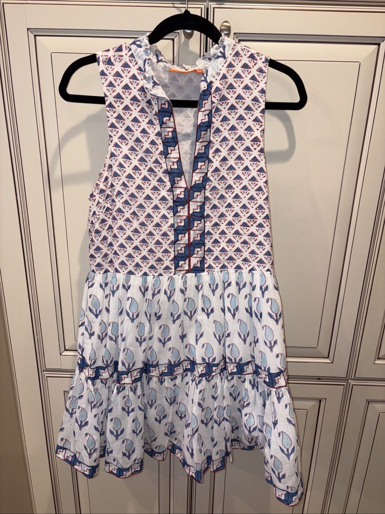 Oliphant Yoke Dress Tulip Blue Size M Mini Ruffle Hem V-neck 100% Cotton Floral