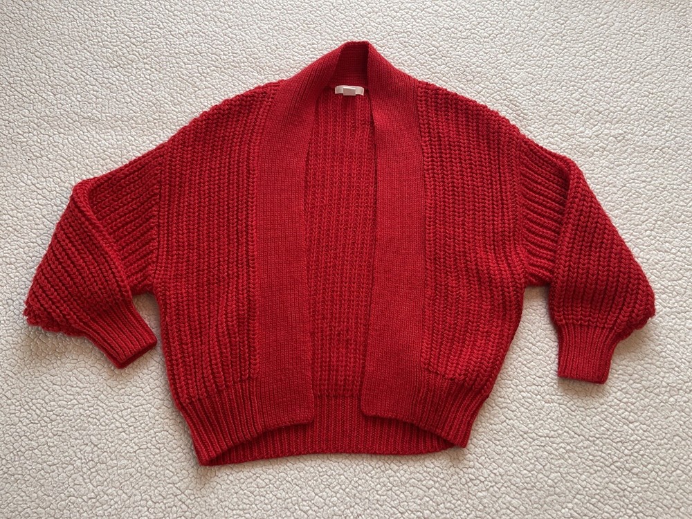 HM Red Chunky Knit Cardigan Sweater Womens XS Oversized Open Front Wool Blend