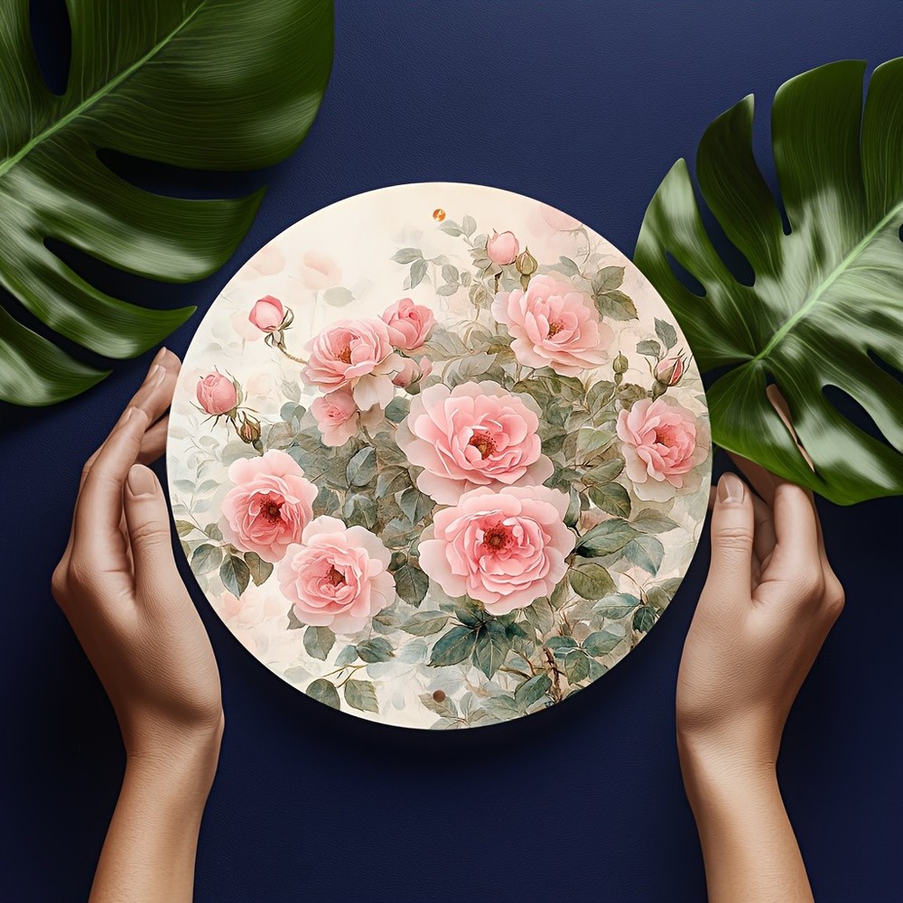 Pink Roses Green Leaves Botanical Round Aluminum Wall Decor