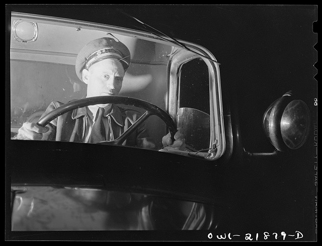 Photo:Truck Driver in Cab 1930s-1940s Night Portrait