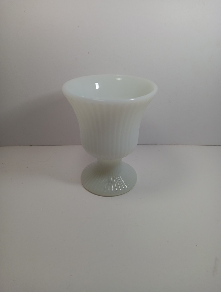 Vintage E.O. Brody White Milk Glass Ribbed Pedestal Vase Planter  