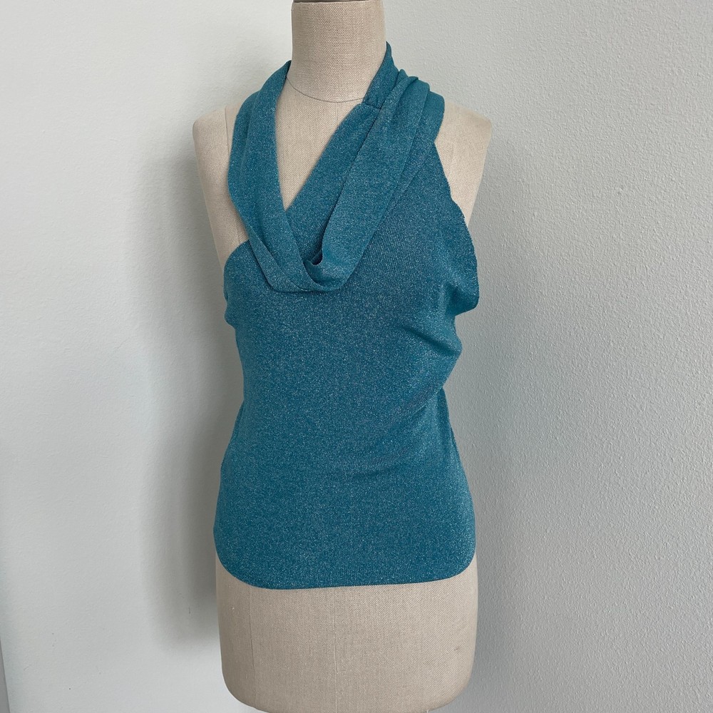 Mng Mango Top Women M Blue Selection Metallic High Neck Scarf One Shoulder