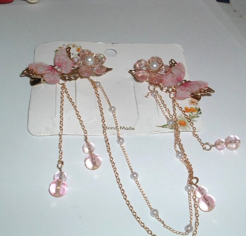 Pink Butterfly And Floralpearl And Rhinestone Hair Claw Clips Nwt