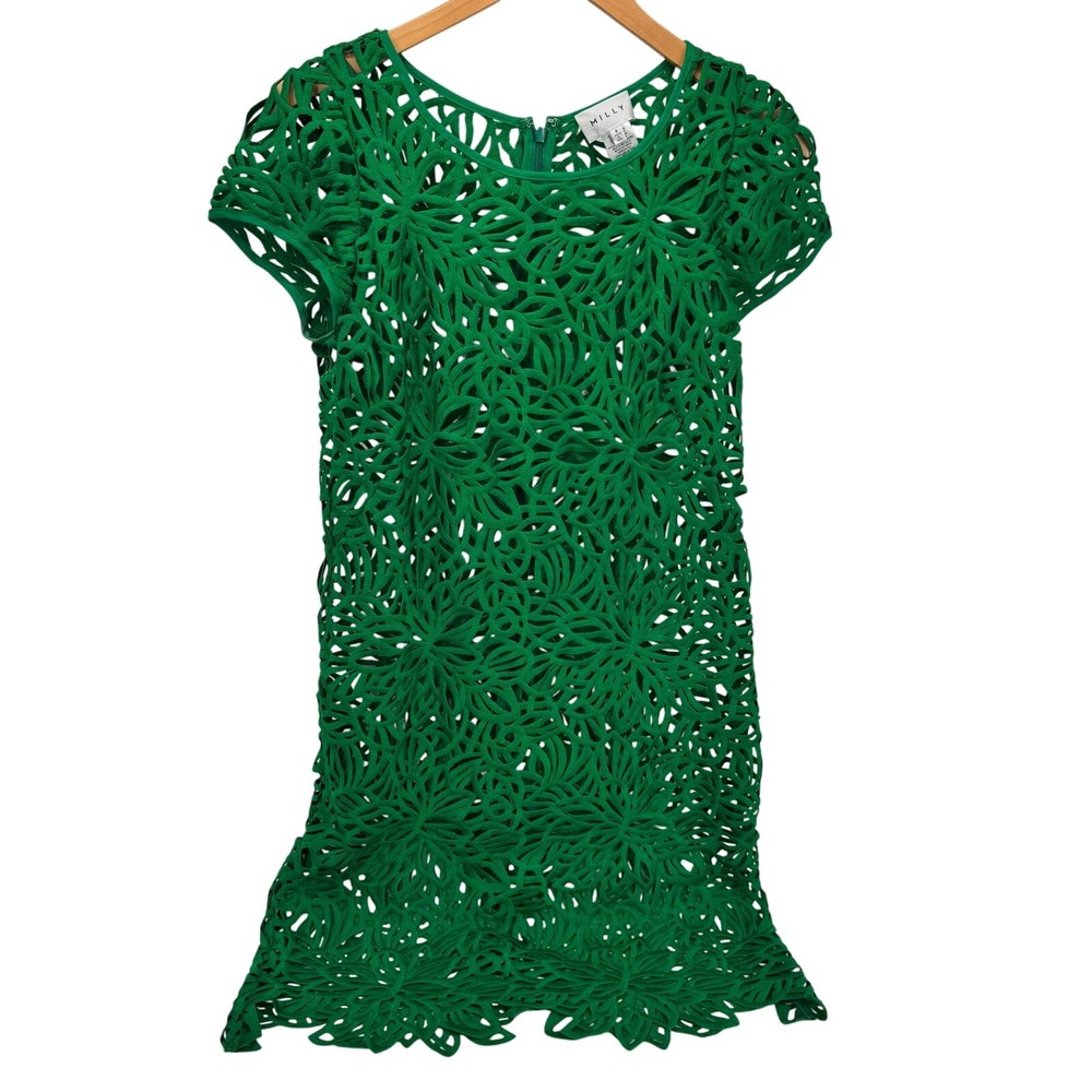 Milly Chloe Dress Womens 6 NO LINER Green Overlay Shift Coastal Zip Up Midi