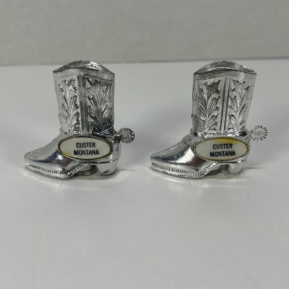Vintage Custer Montana Cowboy Boot Salt And Pepper Shakers Silver Metal Set 2