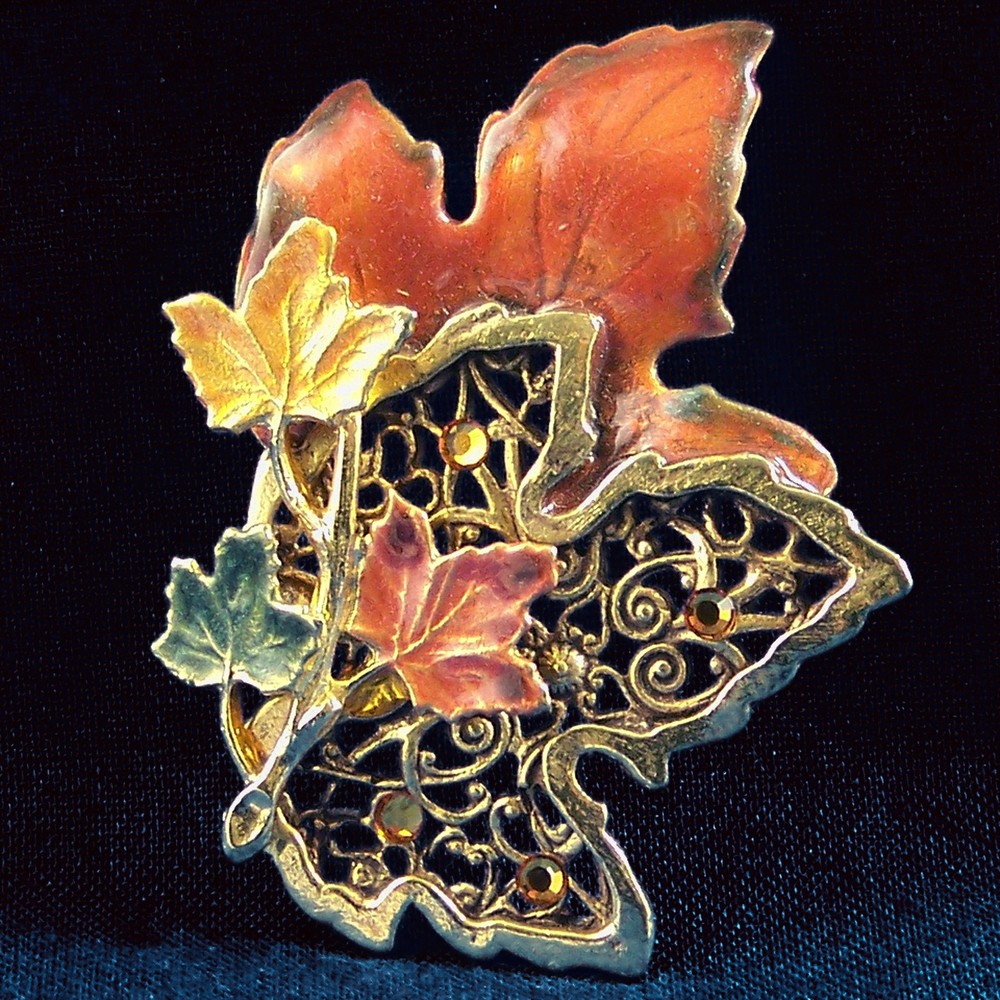 Vintage Pin Fancy Leaf KC Kenneth Cole Enamel Rhinestone Gold Tone Metal Brooch