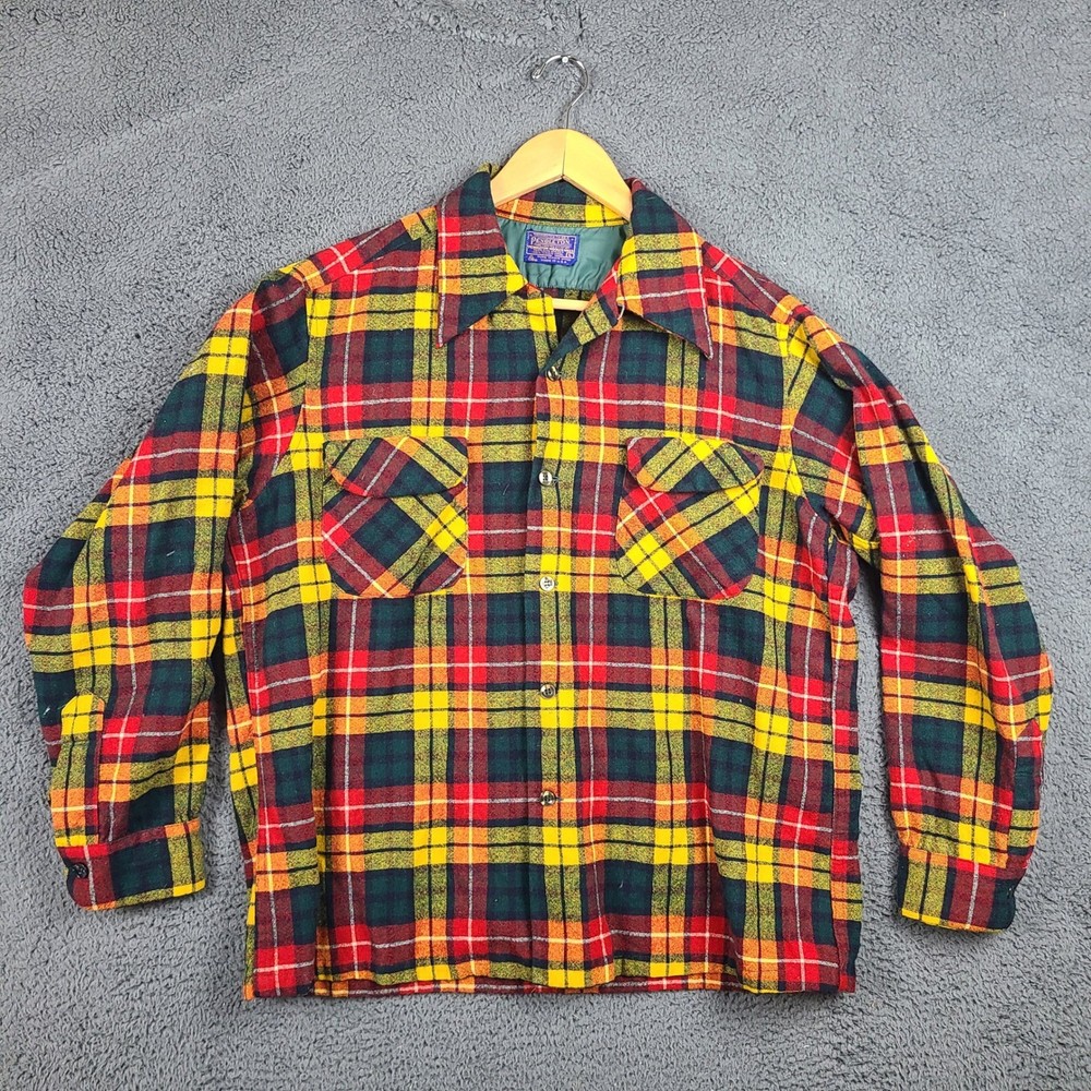 Vintage Pendleton Wool Flannel Loop Collar Shirt Mens Large Plaid USA