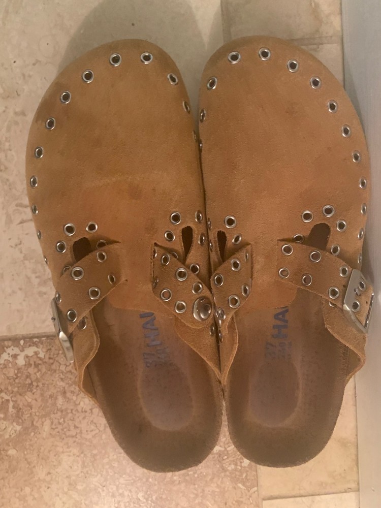 Women's Mules size 6-6.5 brown suede, cork sole, slip ons