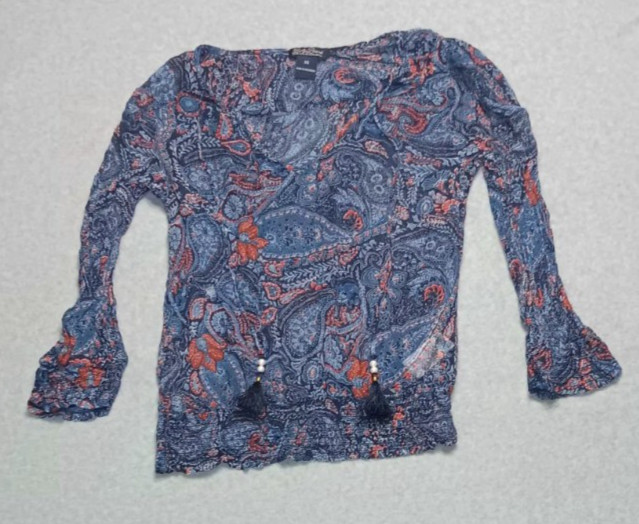 Lucky Brand Sheer Mesh Blouse Womens Size XS Blue Paisley 3/4 Sleeve Lightweight