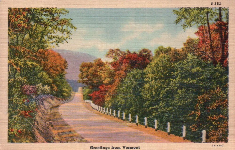 Greetings from Vermont VT, Road and Trees -- Old Vintage Standard Linen Postcard