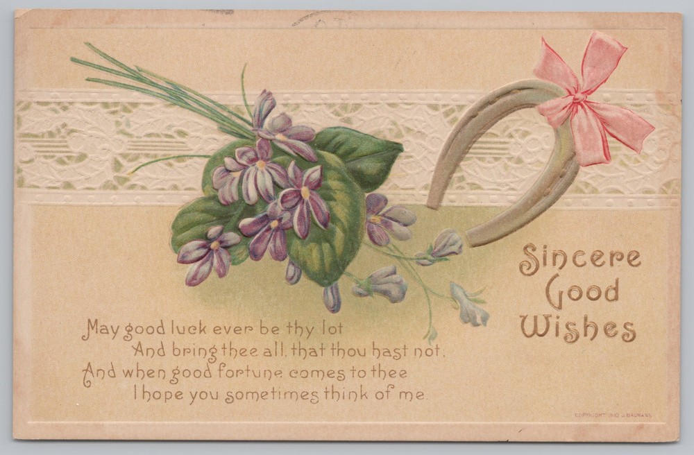 Greetings~Purple Violets & Horseshoe Sincere Good Wishes Poem~Vintage Postcard