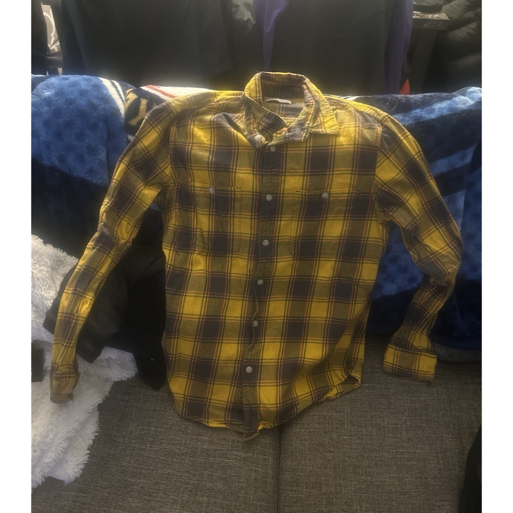 Yellow Black Plaid Flannel Men's Long Sleeve Button-Up Shirt Cotton Casual