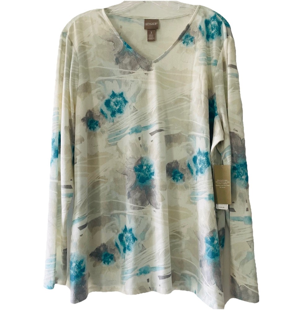 NWT! Chico's Size 3 XL CoziSoft Floral Burst V-Neck Top Boardwalk Breeze Shirt