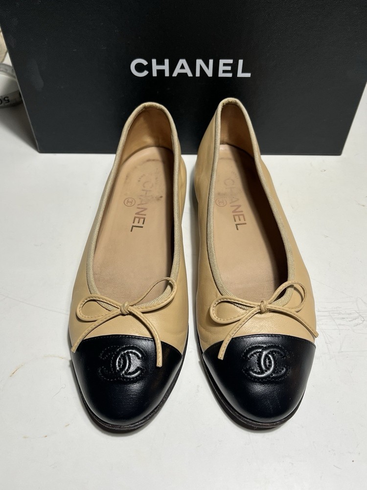 Chanel Beige Black Ballet Flats Size 37.5 With Box