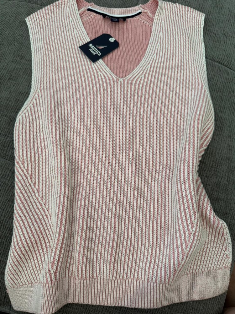 Nautica Jeans Pink/White Striped Knit V-Neck Sleeveless Sweater Vest Women’s L