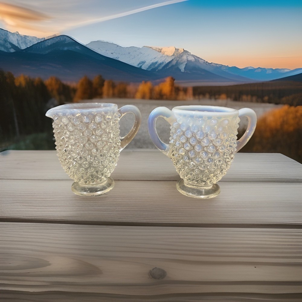 Fenton Vintage Opalescent Hobnail Glass Moonstone Sugar Bowl Creamer Set