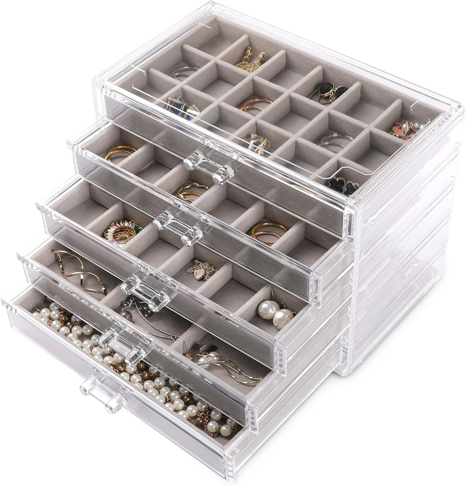 Frebeauty Acrylic Jewelry Organizer Earring Box with 5 Drawers Grey