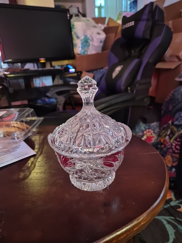 Anna Hutte Bleikristall 24% Lead Crystal Candy Dish Lid Ruby Red Flash Germany