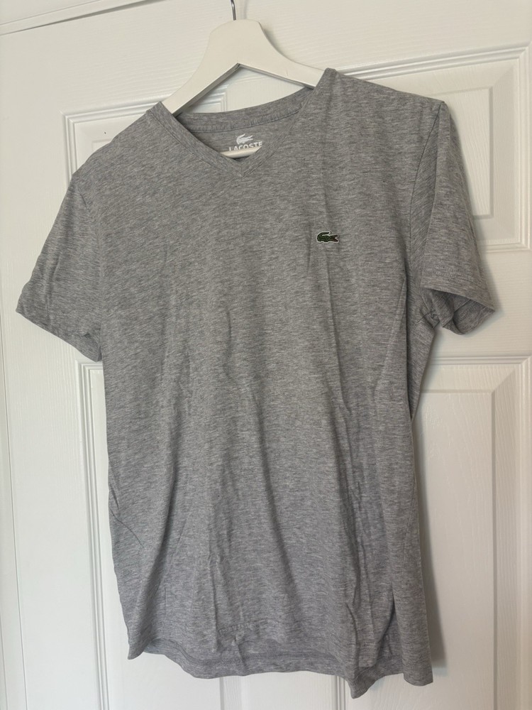 Lacoste Men's S Gray Crocodile Logo Pima Cotton Jersey V-Neck Tee